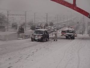 停止した車を押す警官